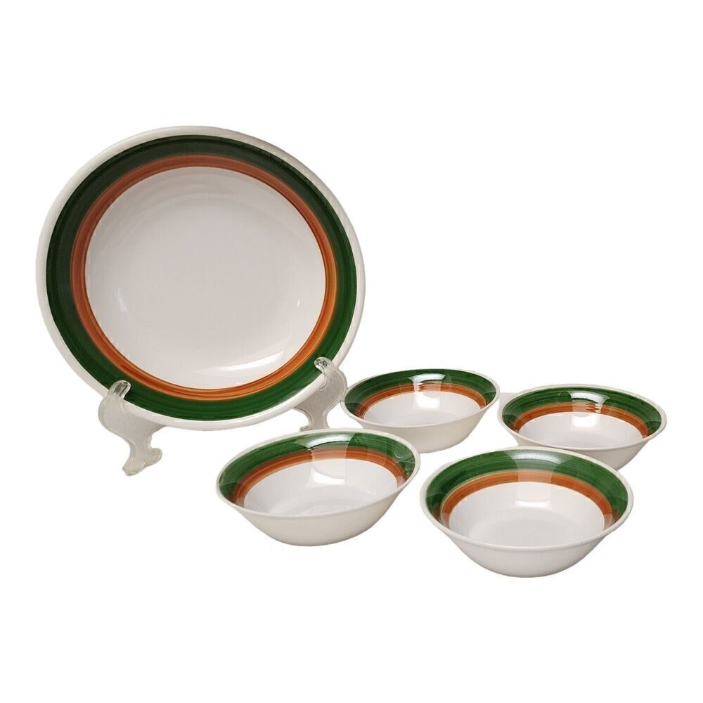 5PC Neiman Marcus Green Orange Stripe Soup & Serving Bowls
